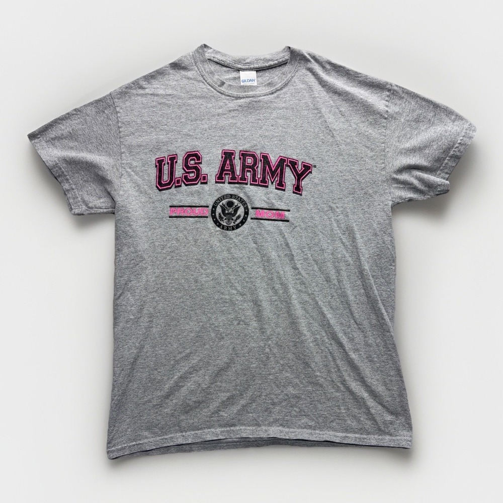 US Army Proud Mom T Shirt M Heather Grey Pink Vintage Y2K Graphic Tee Military